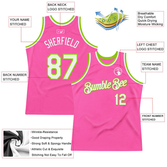 Custom Pink White-Neon Green Authentic Throwback Basketball Jersey - Sky-Custom