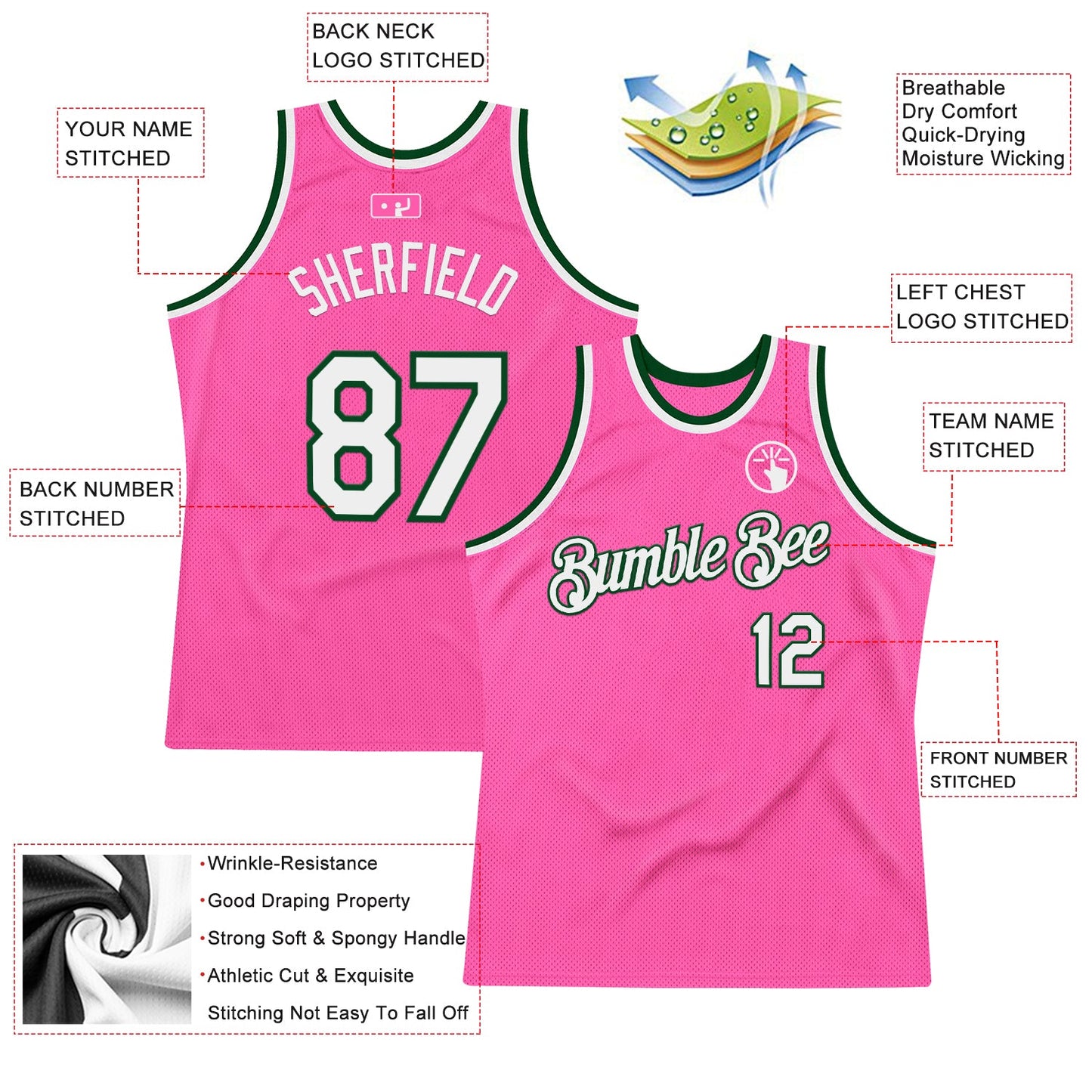 Custom Pink White-Green Authentic Throwback Basketball Jersey - Sky-Custom