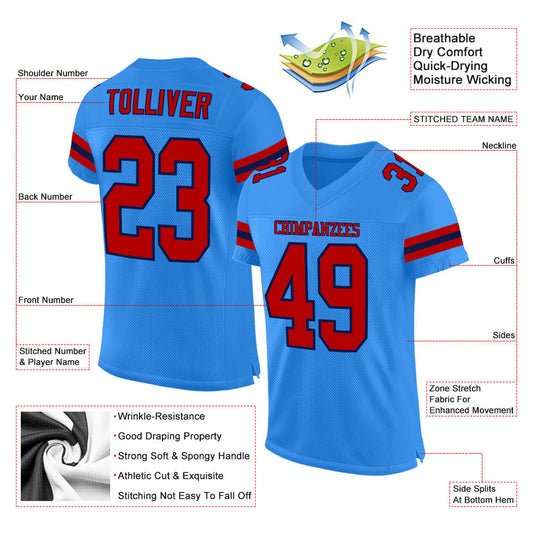 Custom Powder Blue Red-Navy Mesh Authentic Football Jersey - Sky-Custom