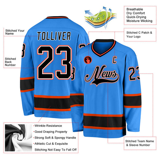 Custom Powder Blue Black-Orange Hockey Jersey - Sky-Custom