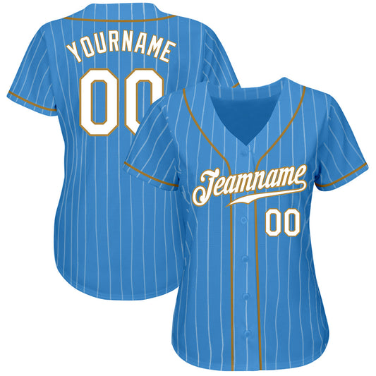 Custom Powder Blue White Pinstripe White-Old Gold Authentic Baseball Jersey - Sky-Custom