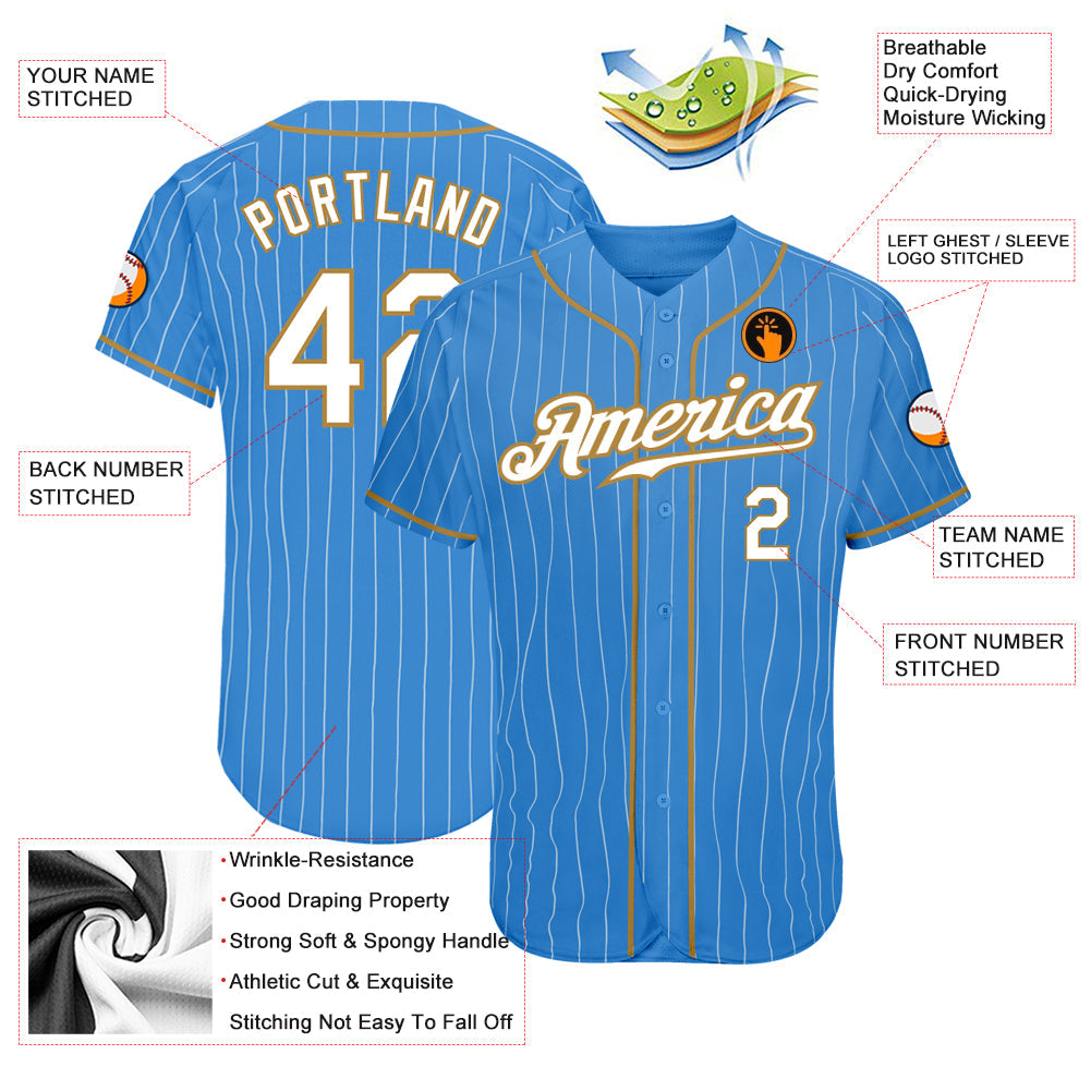 Custom Powder Blue White Pinstripe White-Old Gold Authentic Baseball Jersey - Sky-Custom