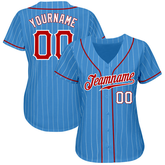 Custom Powder Blue White Pinstripe Red-White Authentic Baseball Jersey - Sky-Custom