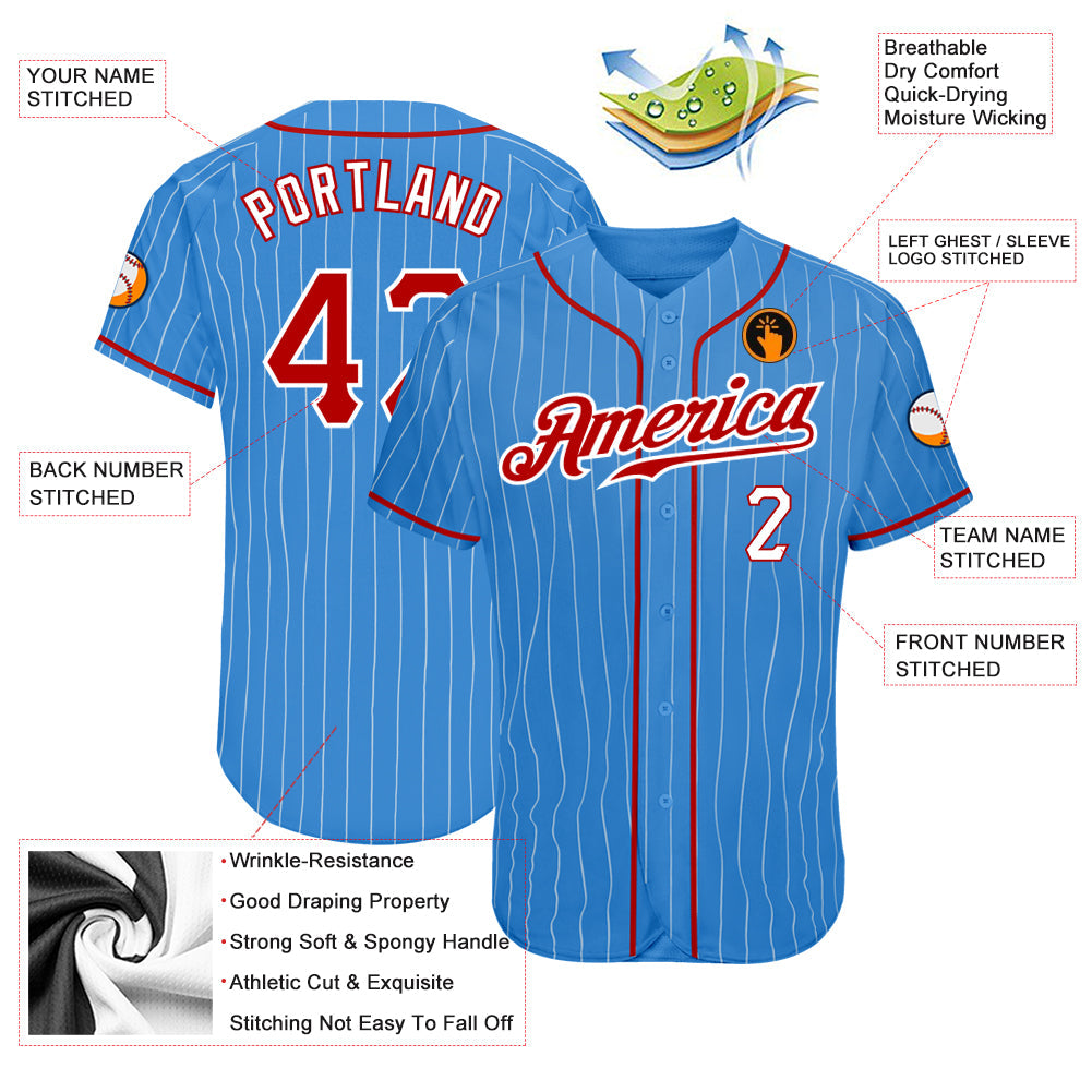 Custom Powder Blue White Pinstripe Red-White Authentic Baseball Jersey - Sky-Custom