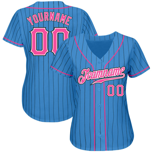 Custom Powder Blue Black Pinstripe Pink-White Authentic Baseball Jersey - Sky-Custom