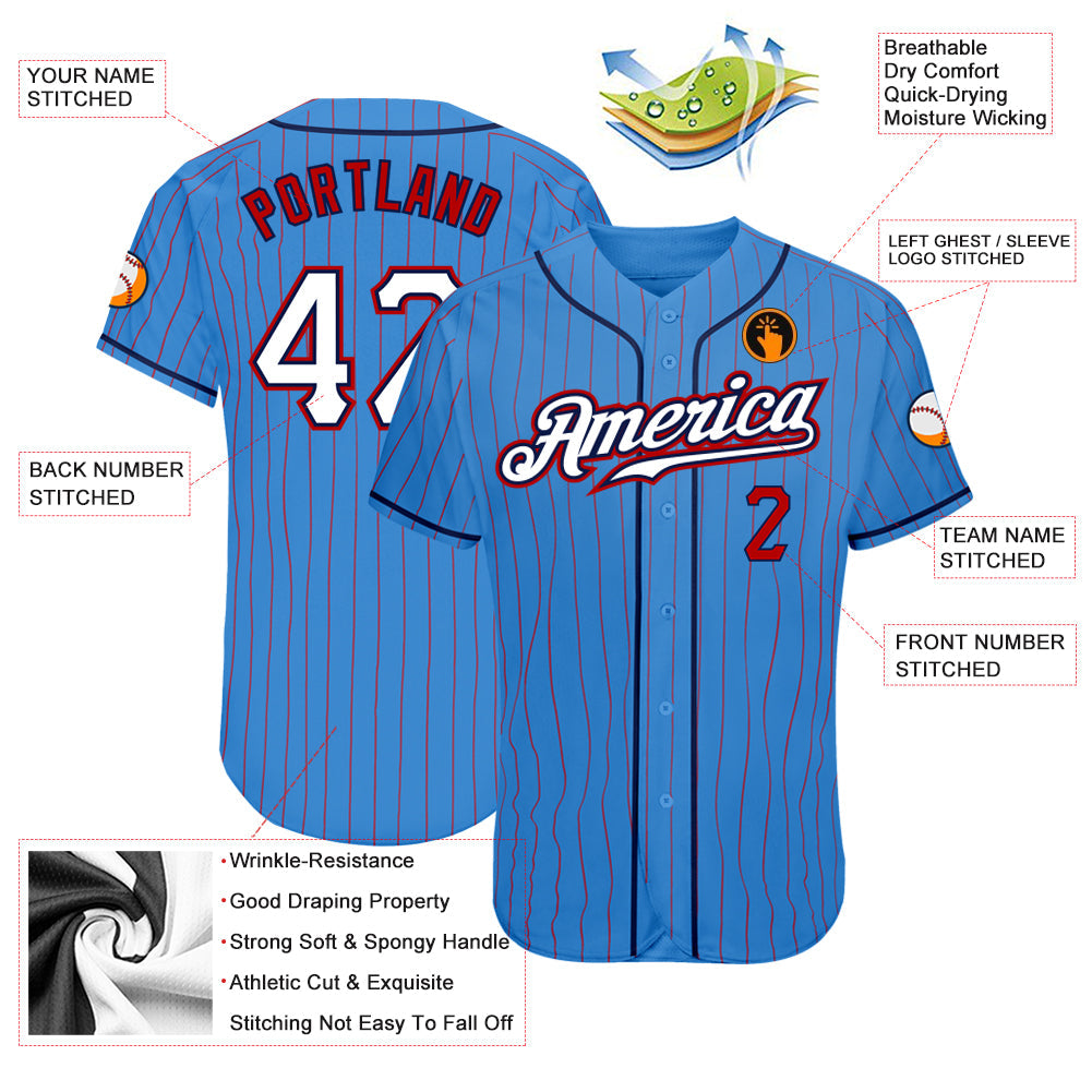 Custom Powder Blue Red Pinstripe White-Navy Authentic Baseball Jersey - Sky-Custom