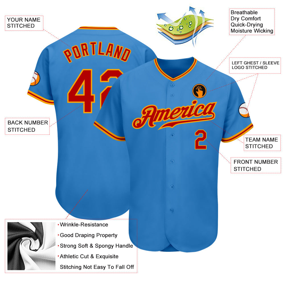 Custom Powder Blue Red-Gold Authentic Baseball Jersey - Sky-Custom