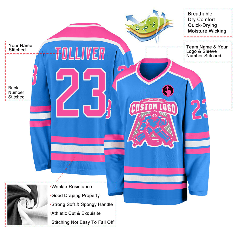 Custom Powder Blue Pink-White Hockey Jersey - Sky-Custom