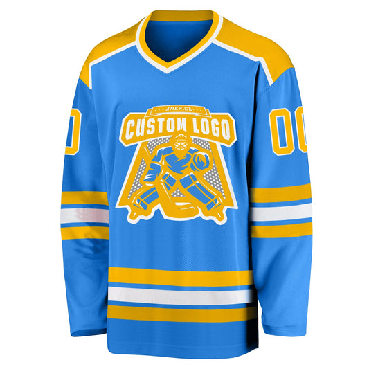 Custom Powder Blue Gold-White Hockey Jersey - Sky-Custom