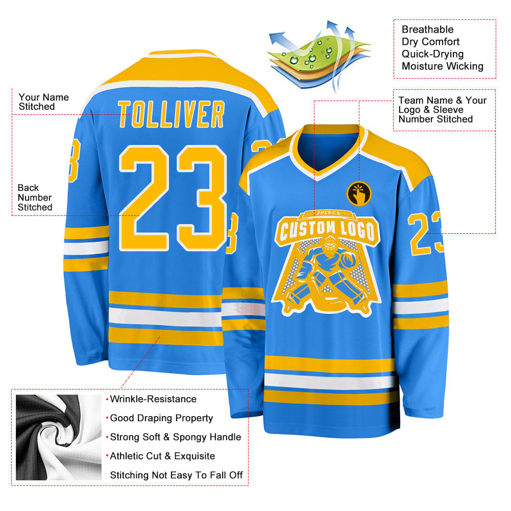 Custom Powder Blue Gold-White Hockey Jersey - Sky-Custom