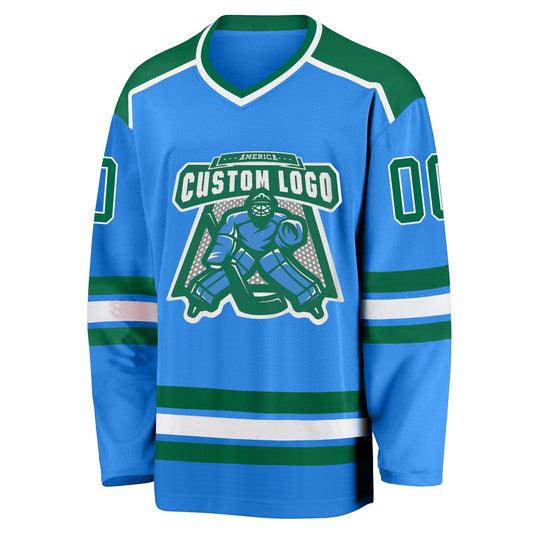 Custom Powder Blue Kelly Green-White Hockey Jersey - Sky-Custom