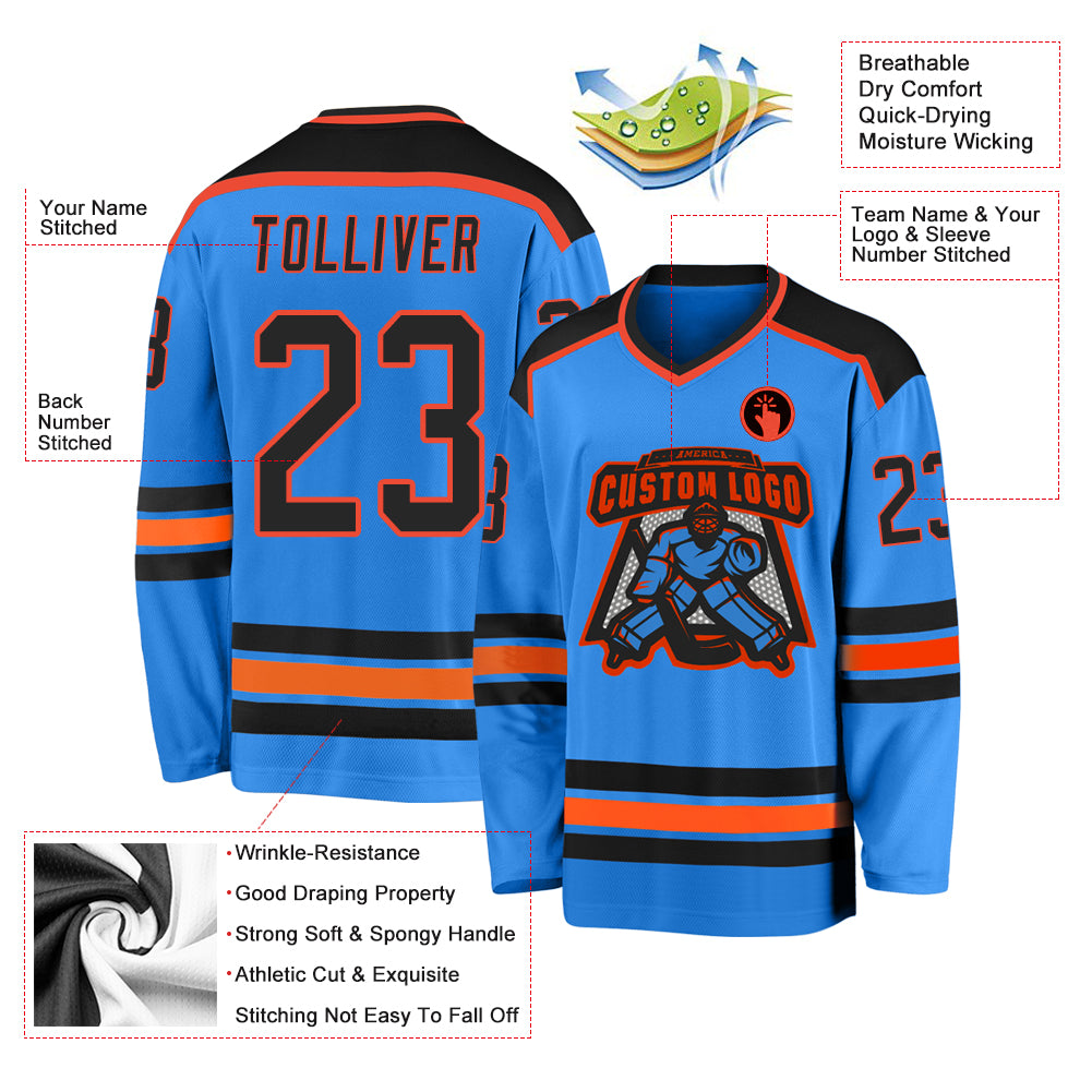 Custom Powder Blue Black-Orange Hockey Jersey - Sky-Custom