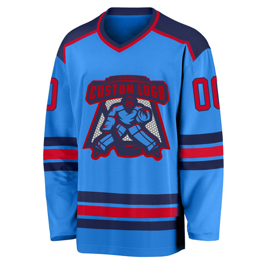 Custom Powder Blue Red-Navy Hockey Jersey - Sky-Custom