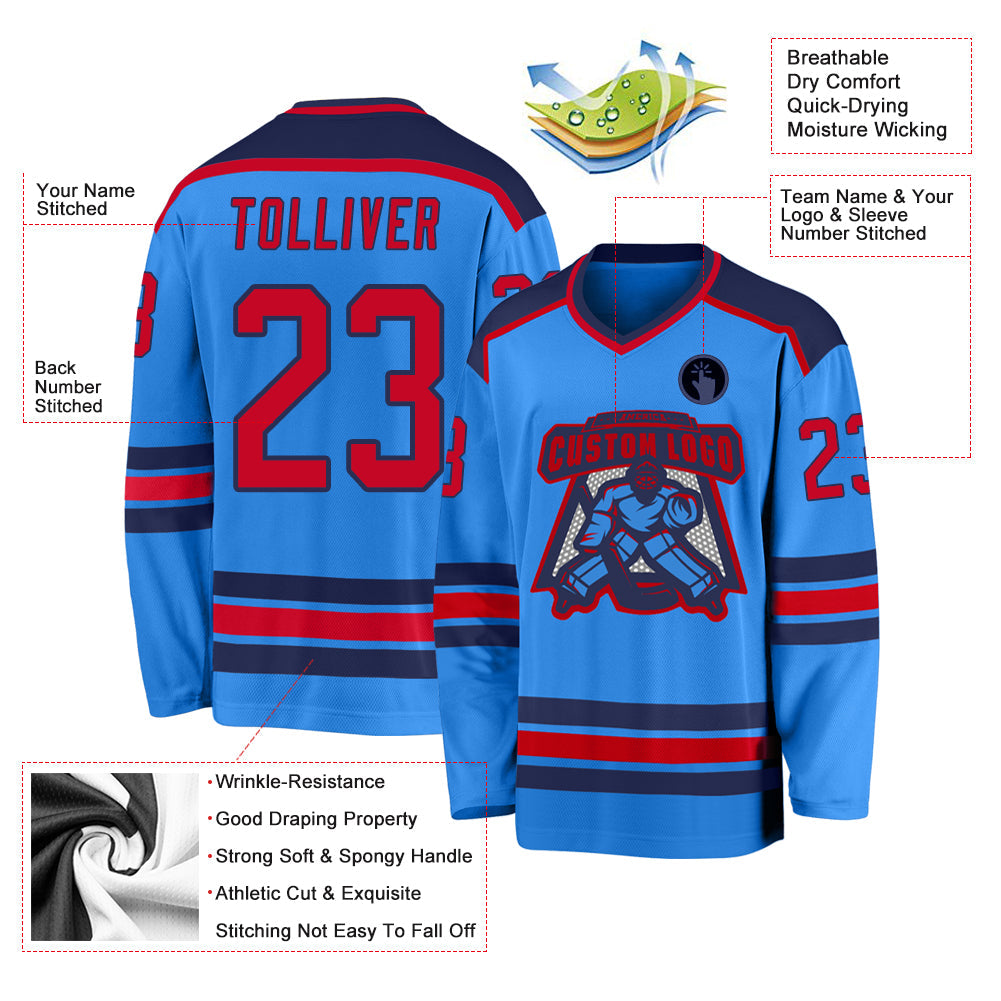 Custom Powder Blue Red-Navy Hockey Jersey - Sky-Custom