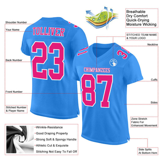 Custom Powder Blue Hot Pink-White Mesh Authentic Football Jersey - Sky-Custom