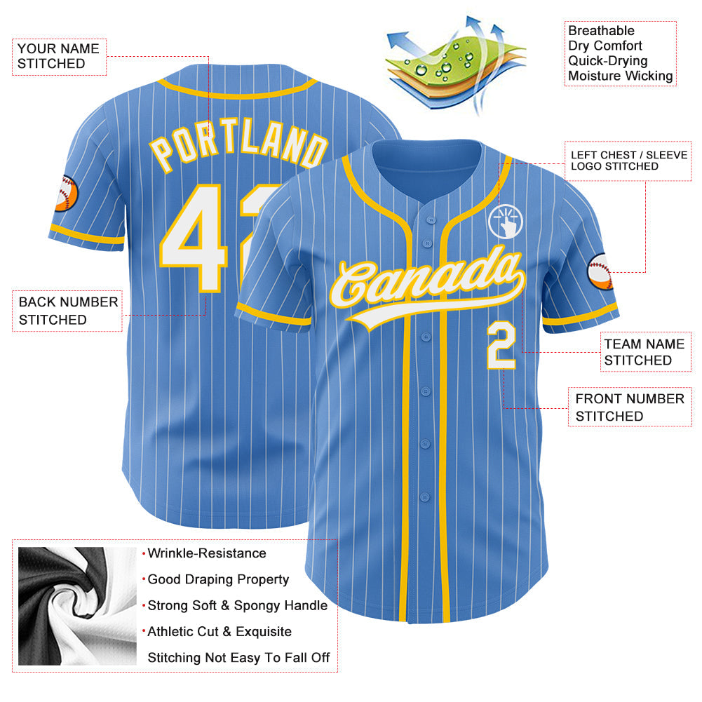 Custom Powder Blue White Pinstripe Yellow Authentic Baseball Jersey - Sky-Custom