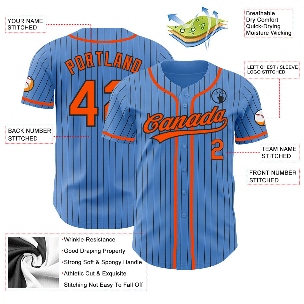 Custom Powder Blue Black Pinstripe Orange Authentic Baseball Jersey - Sky-Custom