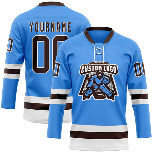 Custom Sky Blue Brown-White Hockey Lace Neck Jersey - Sky-Custom