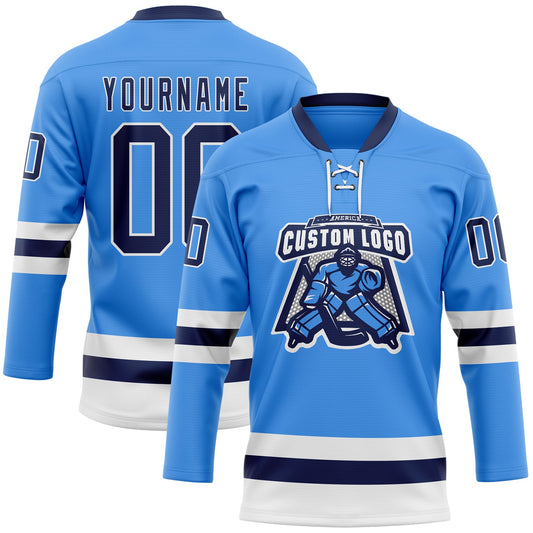 Custom Sky Blue Navy-White Hockey Lace Neck Jersey - Sky-Custom