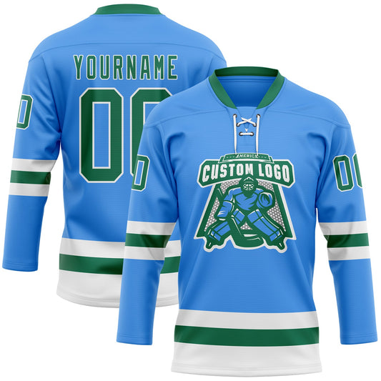 Custom Sky Blue Kelly Green-White Hockey Lace Neck Jersey - Sky-Custom