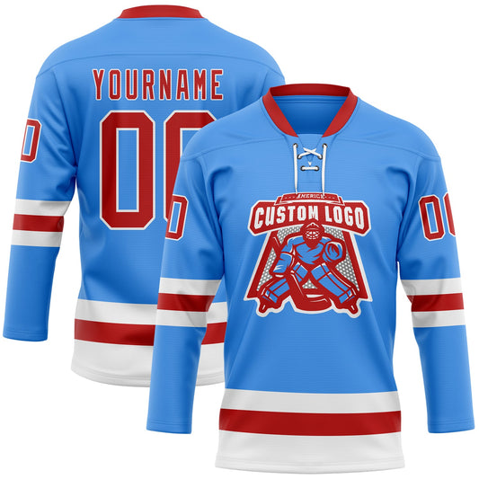 Custom Sky Blue Red-White Hockey Lace Neck Jersey - Sky-Custom