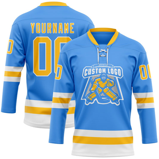 Custom Sky Blue Gold-White Hockey Lace Neck Jersey - Sky-Custom