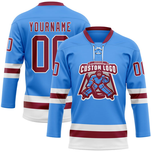 Custom Sky Blue Maroon-White Hockey Lace Neck Jersey - Sky-Custom