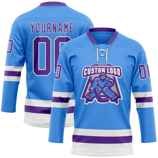 Custom Sky Blue Purple-White Hockey Lace Neck Jersey - Sky-Custom