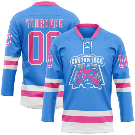 Custom Sky Blue Pink-White Hockey Lace Neck Jersey - Sky-Custom