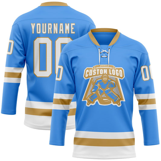 Custom Sky Blue White-Old Gold Hockey Lace Neck Jersey - Sky-Custom