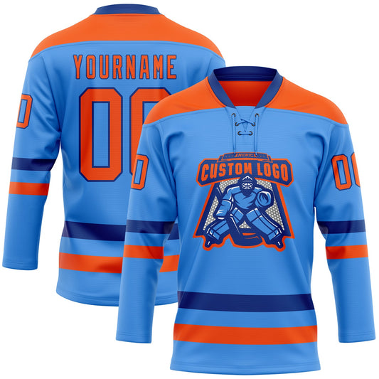 Custom Sky Blue Orange-Royal Hockey Lace Neck Jersey - Sky-Custom