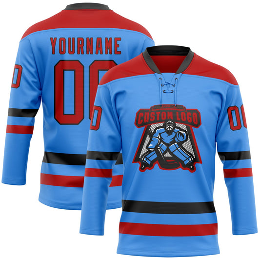 Custom Sky Blue Red-Black Hockey Lace Neck Jersey - Sky-Custom