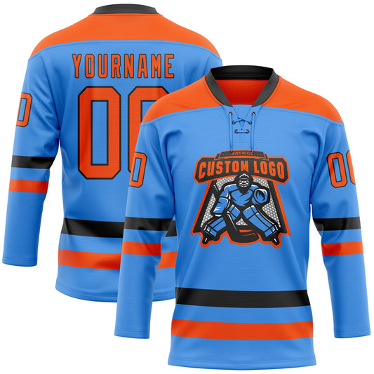 Custom Sky Blue Orange-Black Hockey Lace Neck Jersey - Sky-Custom