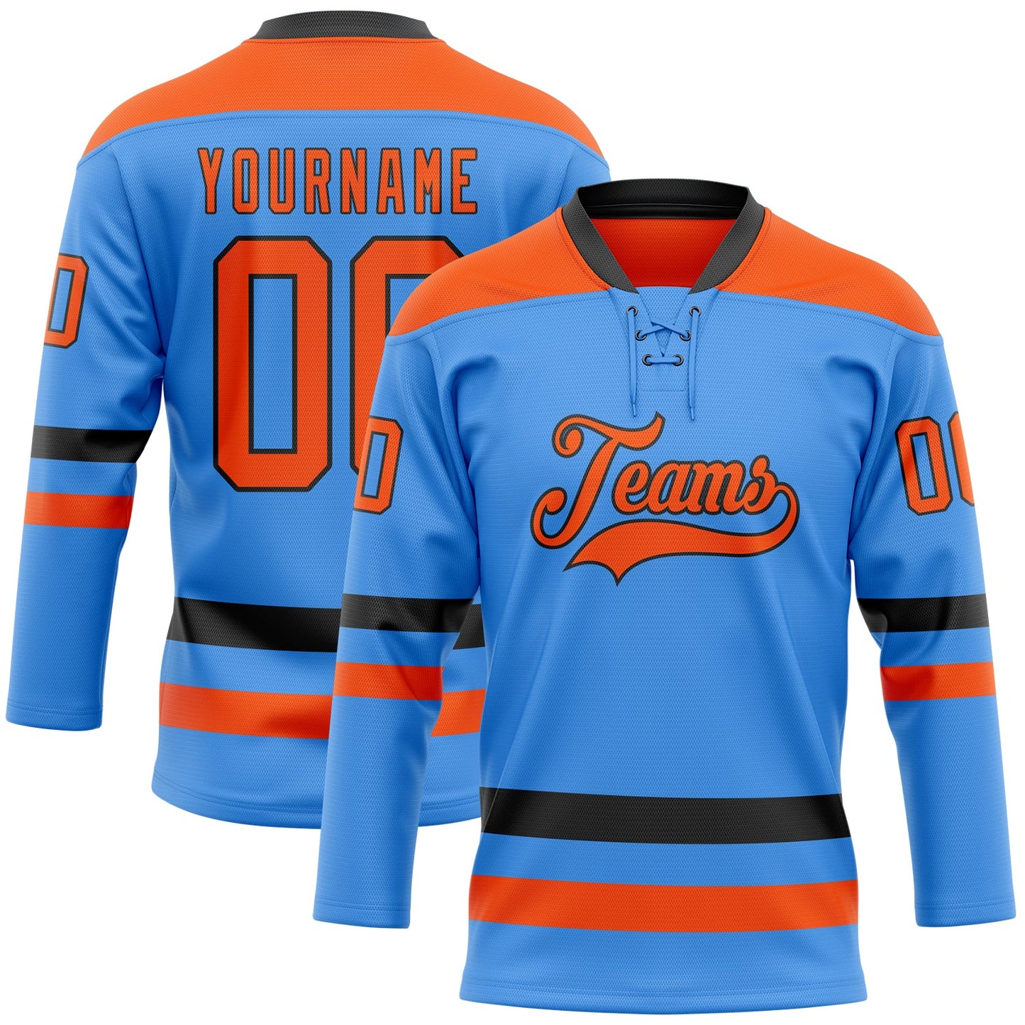Custom Sky Blue Orange-Black Hockey Lace Neck Jersey - Sky-Custom