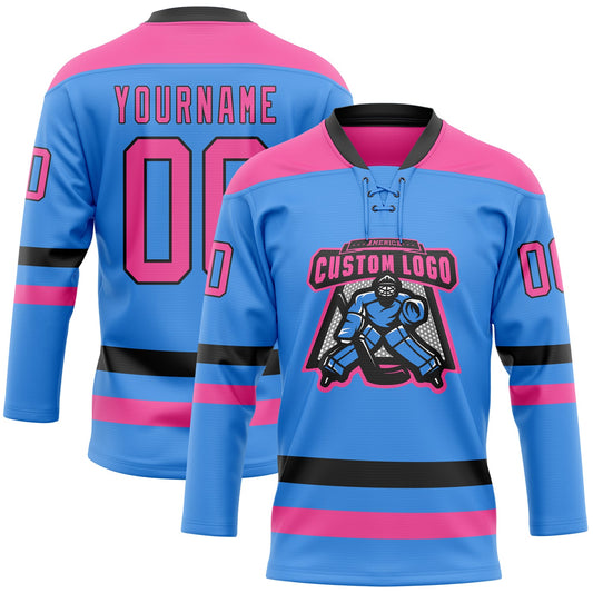 Custom Sky Blue Pink-Black Hockey Lace Neck Jersey - Sky-Custom