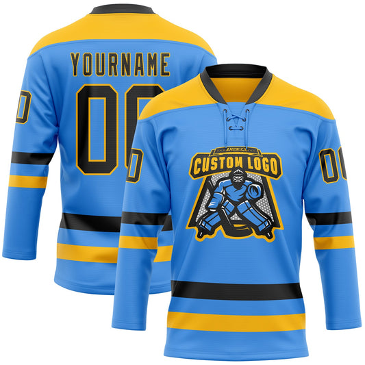Custom Sky Blue Black-Gold Hockey Lace Neck Jersey - Sky-Custom