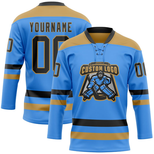 Custom Sky Blue Black-Old Gold Hockey Lace Neck Jersey - Sky-Custom