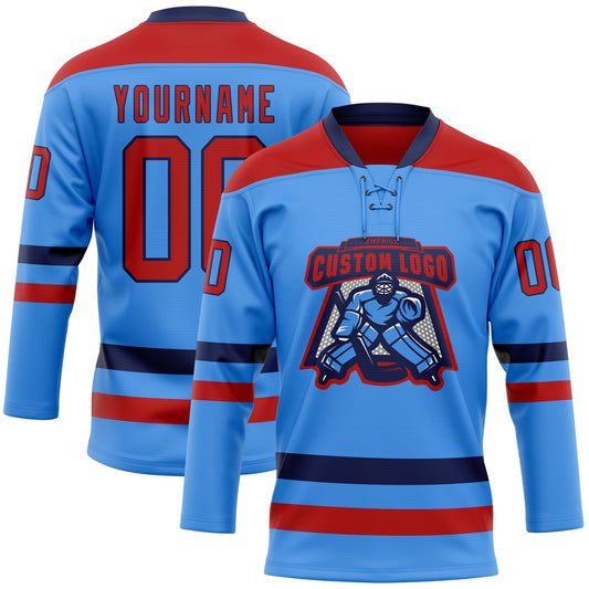 Custom Sky Blue Red-Navy Hockey Lace Neck Jersey - Sky-Custom