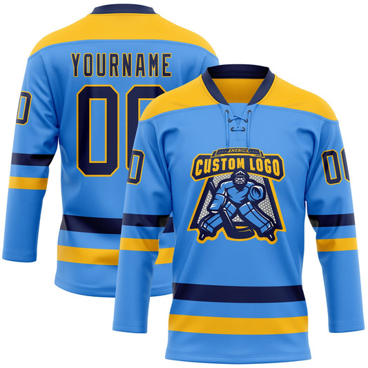 Custom Sky Blue Navy-Gold Hockey Lace Neck Jersey - Sky-Custom