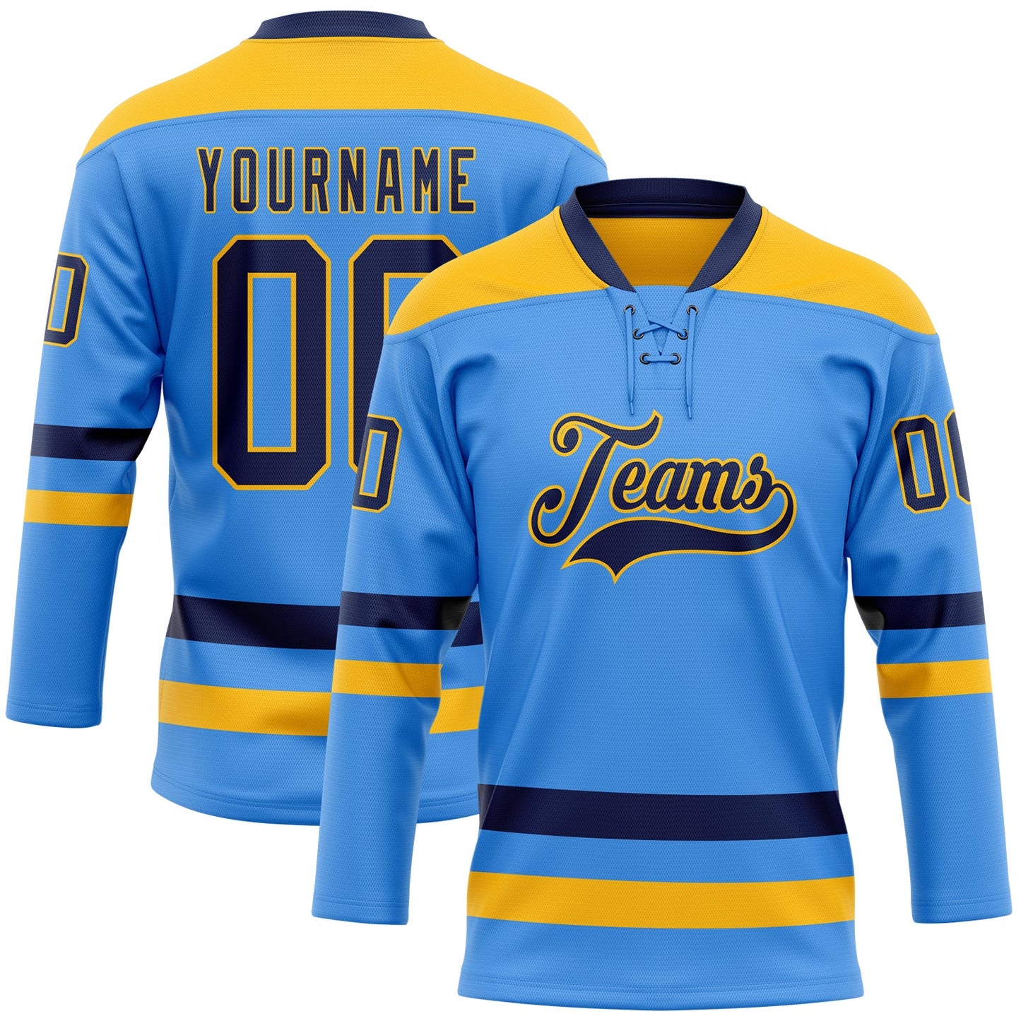 Custom Sky Blue Navy-Gold Hockey Lace Neck Jersey - Sky-Custom