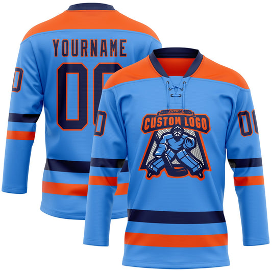 Custom Sky Blue Navy-Orange Hockey Lace Neck Jersey - Sky-Custom