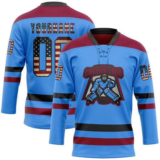 Custom Sky Blue Vintage USA Flag Black-Maroon Hockey Lace Neck Jersey - Sky-Custom