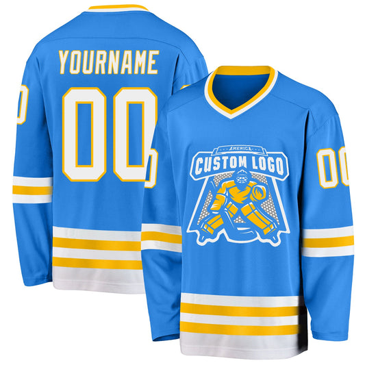Custom Powder Blue White-Gold Hockey Jersey - Sky-Custom
