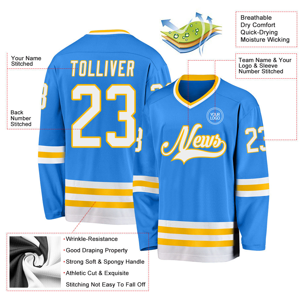 Custom Powder Blue White-Gold Hockey Jersey - Sky-Custom