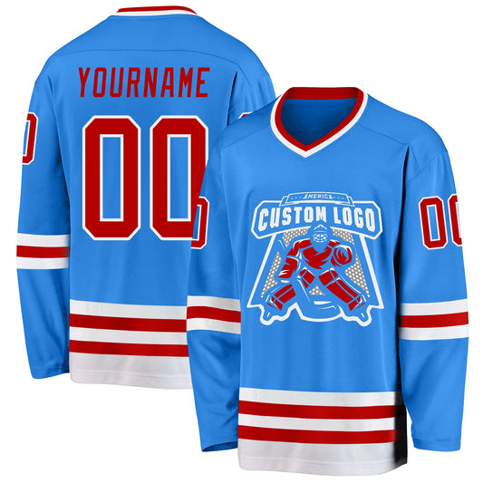Custom Powder Blue Red-White Hockey Jersey - Sky-Custom