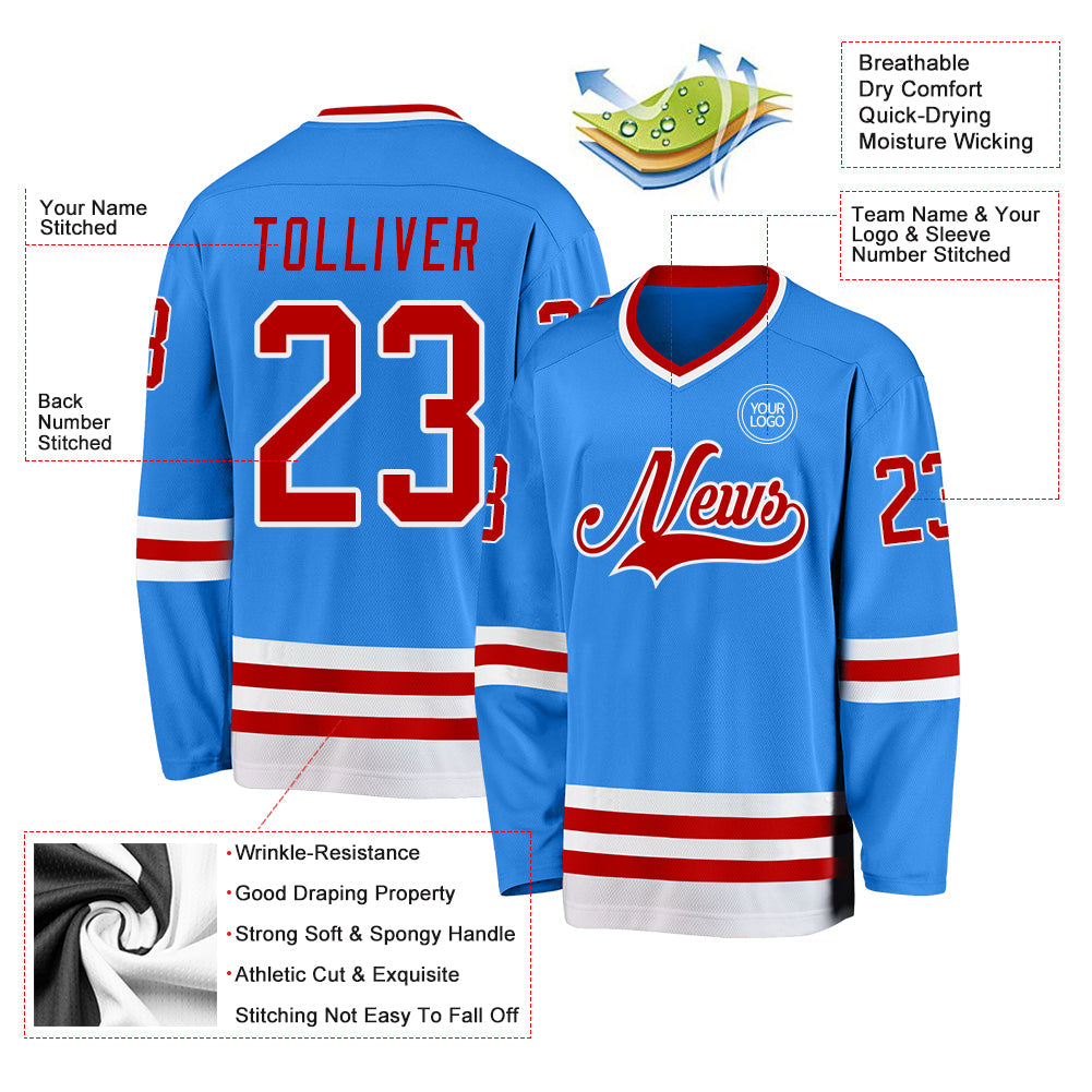 Custom Powder Blue Red-White Hockey Jersey - Sky-Custom