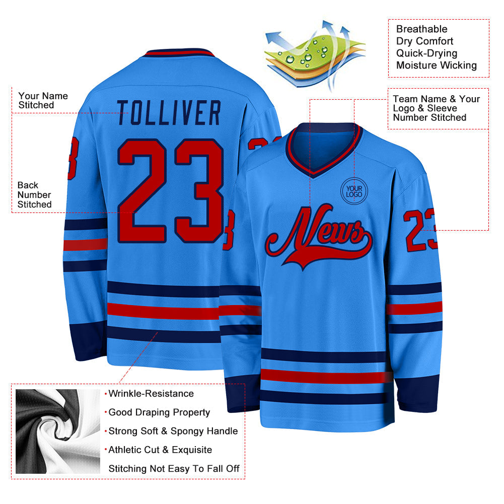 Custom Powder Blue Red-Navy Hockey Jersey - Sky-Custom