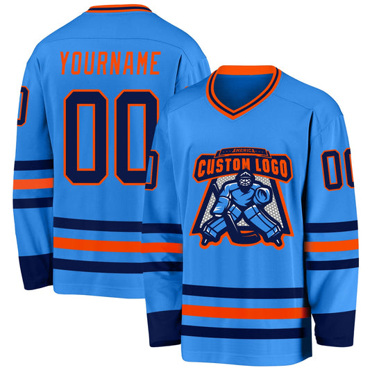 Custom Powder Blue Navy-Orange Hockey Jersey - Sky-Custom