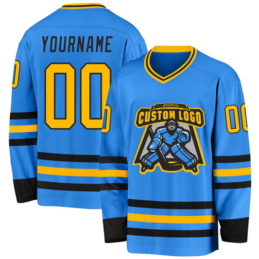 Custom Powder Blue Gold-Black Hockey Jersey - Sky-Custom