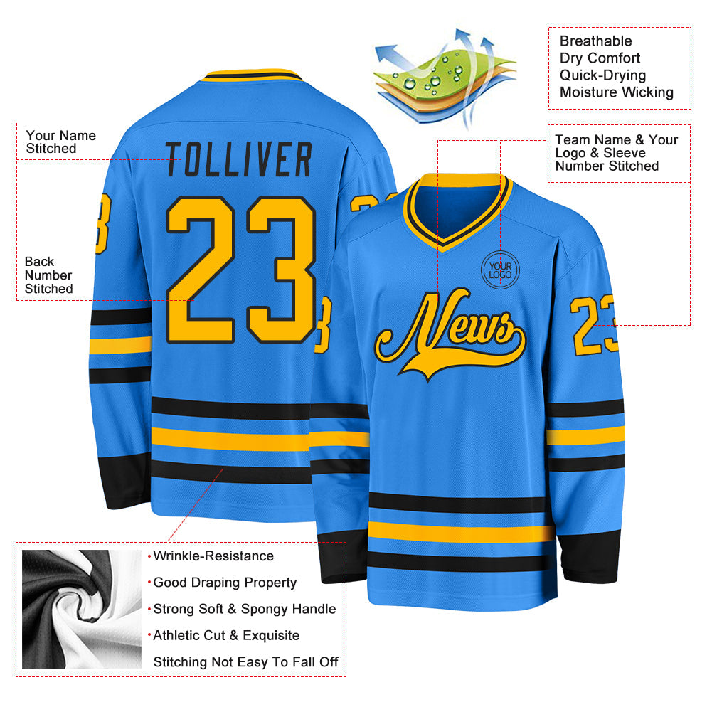 Custom Powder Blue Gold-Black Hockey Jersey - Sky-Custom